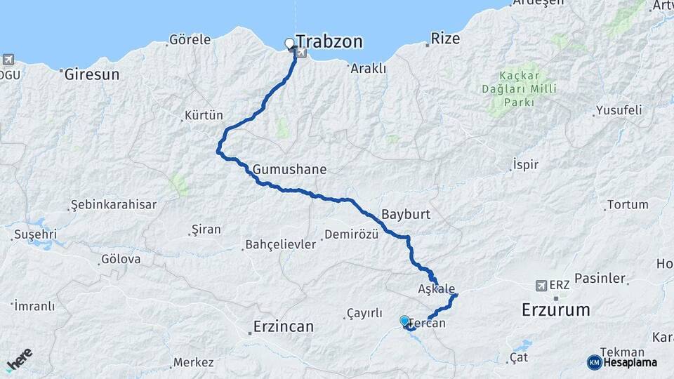 Erzincan Tercan Trabzon Arası Kaç Km - Yol Haritası