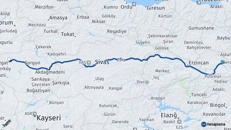 Erzincan Tercan Yozgat Arası Kaç Km - Yol Haritası