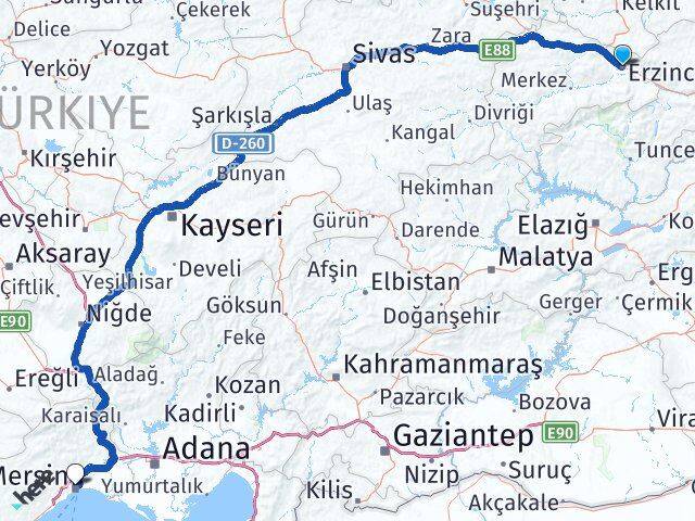 Erzincan Toroslar Mersin Arası Kaç Km - Yol Haritası