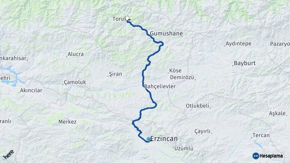 Erzincan Torul Gümüşhane Arası Kaç Km - Yol Haritası