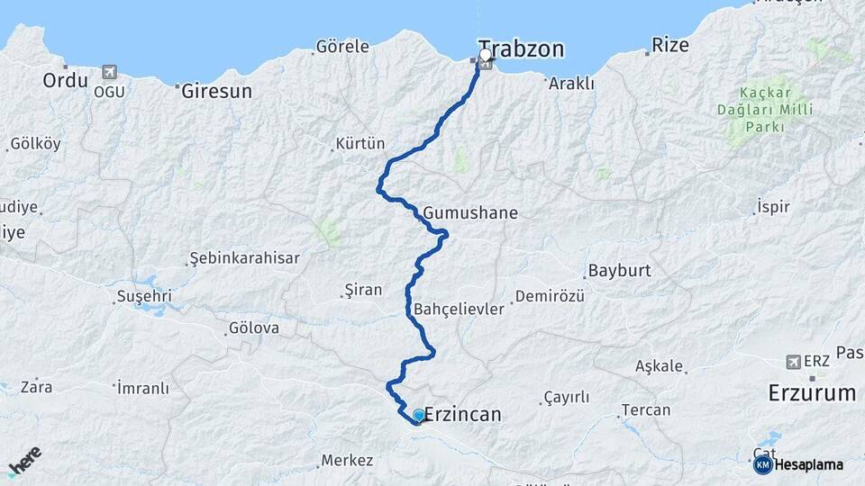 Erzincan Trabzon Havalimanı Arası Kaç Km - Yol Haritası