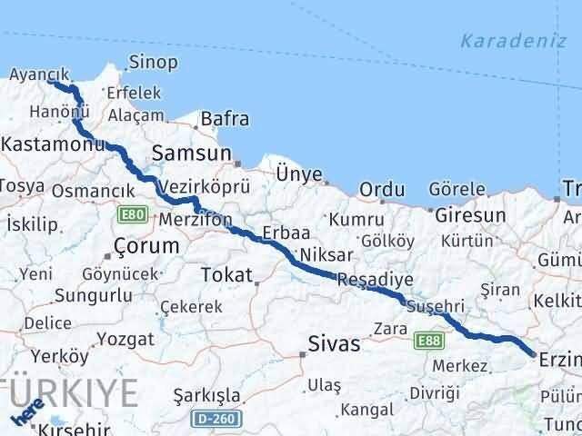 Erzincan Türkeli Sinop Arası Kaç Km - Yol Haritası
