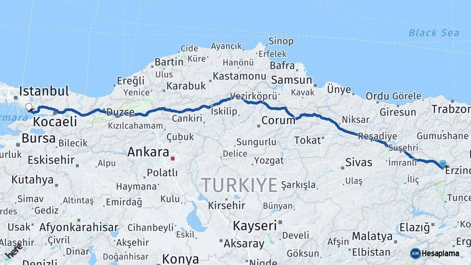 Erzincan Tuzla İstanbul Arası Kaç Km - Yol Haritası
