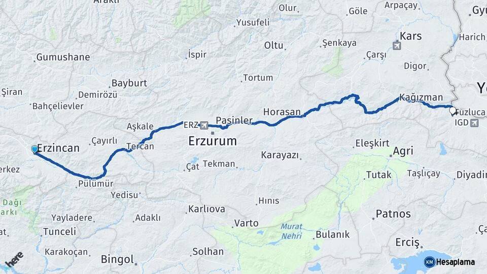 Erzincan Tuzluca Iğdır Arası Kaç Km - Yol Haritası