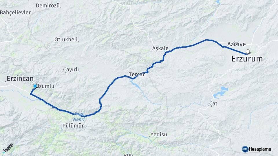 Erzincan Üzümlü Erzurum Arası Kaç Km - Yol Haritası