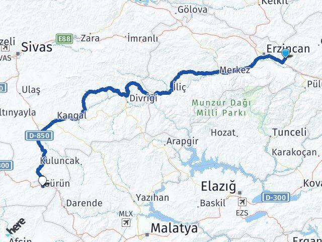 Erzincan Üzümlü Gürün Sivas Arası Kaç Km - Yol Haritası