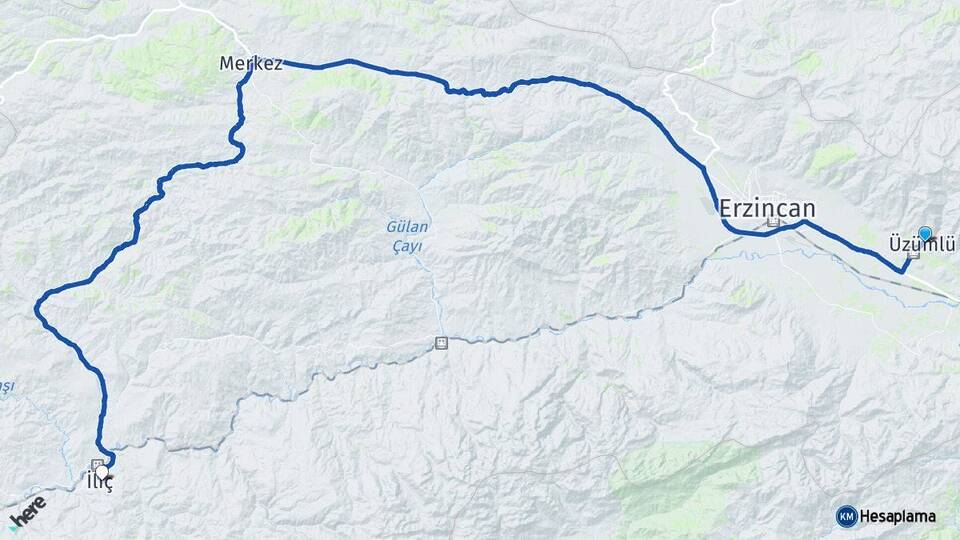 Erzincan Üzümlü İliç Arası Kaç Km - Yol Haritası