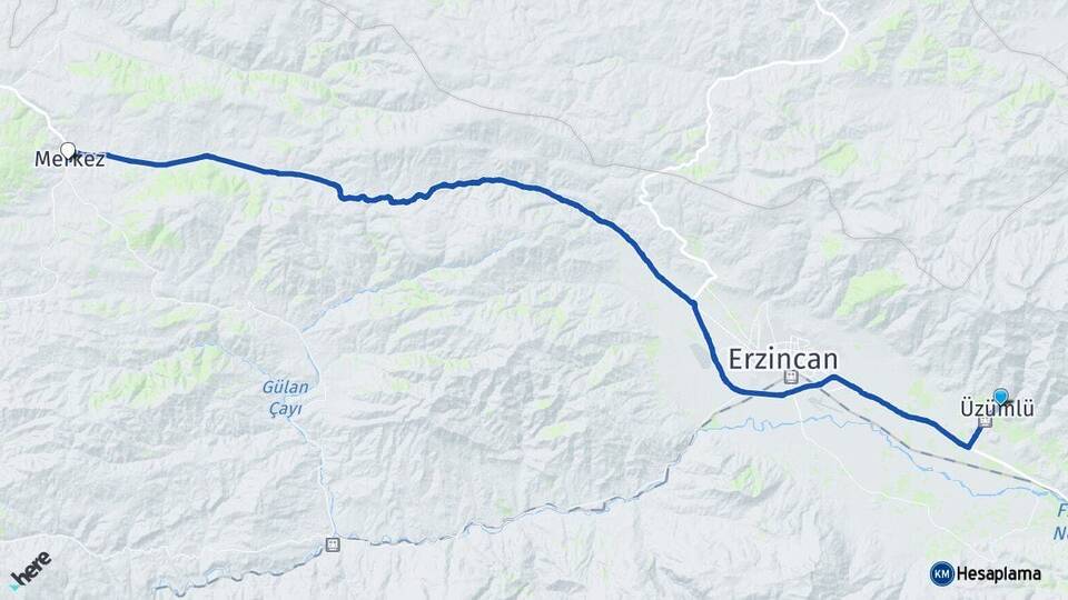 Erzincan Üzümlü Refahiye Arası Kaç Km - Yol Haritası