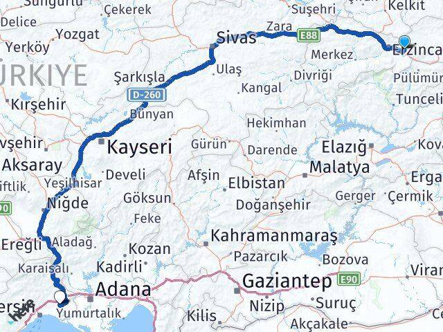 Erzincan Üzümlü Tarsus Mersin Arası Kaç Km - Yol Haritası