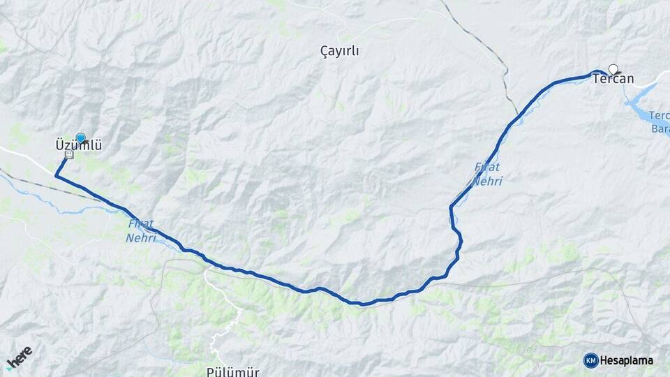 Erzincan Üzümlü Tercan Arası Kaç Km - Yol Haritası