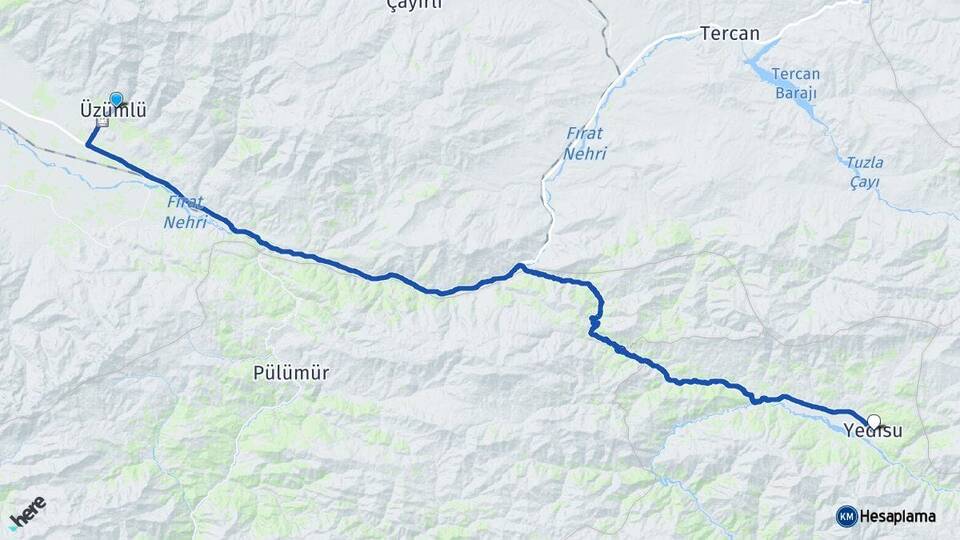 Erzincan Üzümlü Yedisu Bingöl Arası Kaç Km - Yol Haritası
