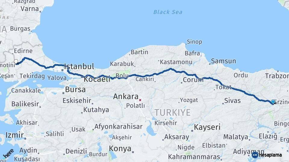 Erzincan Uzunköprü Edirne Arası Kaç Km - Yol Haritası