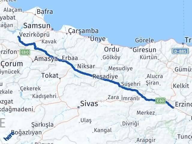 Erzincan Vezirköprü Samsun Arası Kaç Km - Yol Haritası