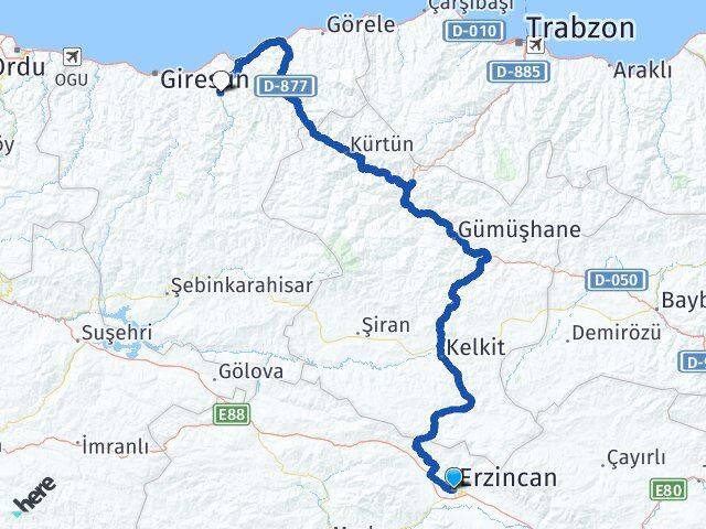 Erzincan Yağlıdere Giresun Arası Kaç Km - Yol Haritası