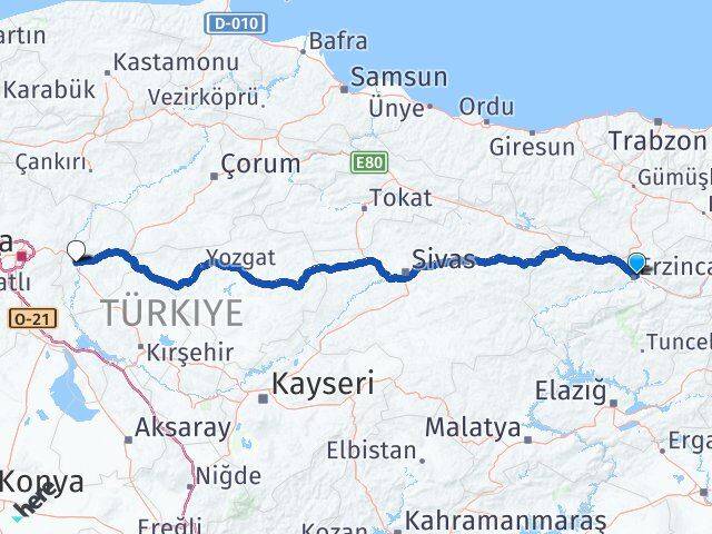 Erzincan Yahşihan Kırıkkale Arası Kaç Km - Yol Haritası