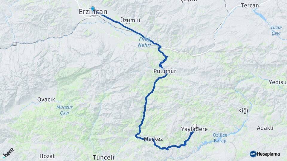 Erzincan Yayladere Bingöl Arası Kaç Km - Yol Haritası