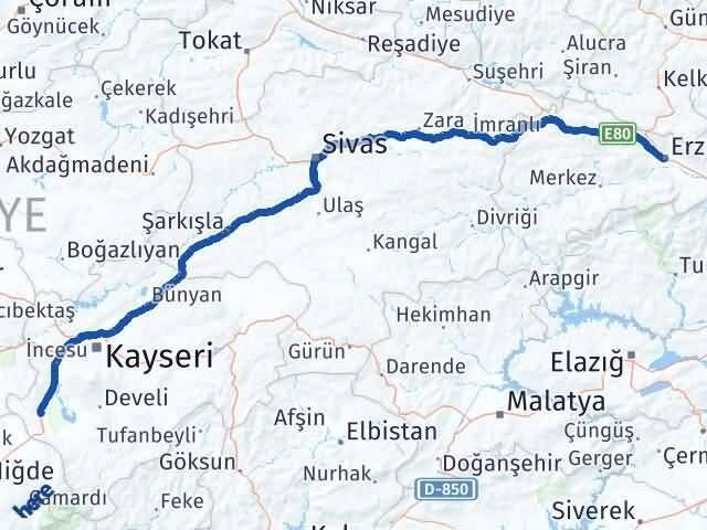 Erzincan Yeşilhisar Kayseri Arası Kaç Km - Yol Haritası