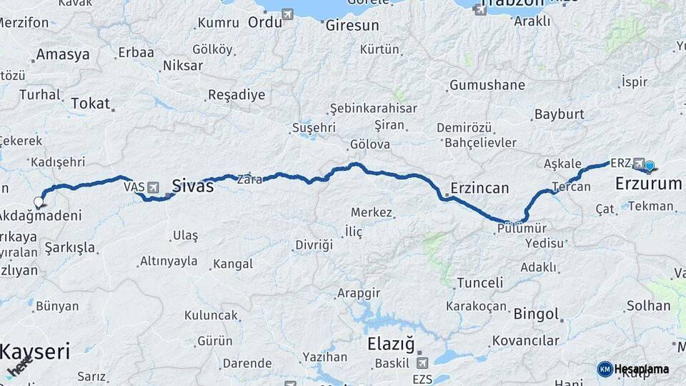 Erzurum Akdağmadeni Yozgat Arası Kaç Km - Yol Haritası
