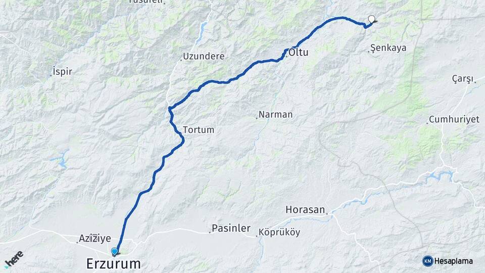 Erzurum Akşar Şenkaya Arası Kaç Km - Yol Haritası
