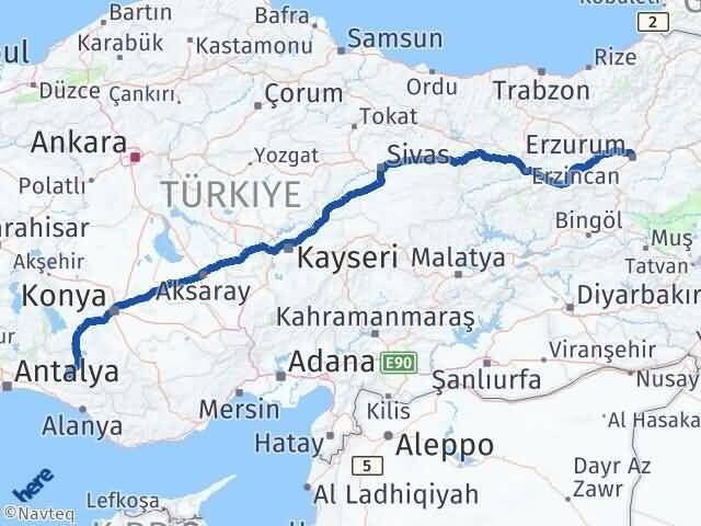 Erzurum Akseki Antalya Arası Kaç Km - Yol Haritası