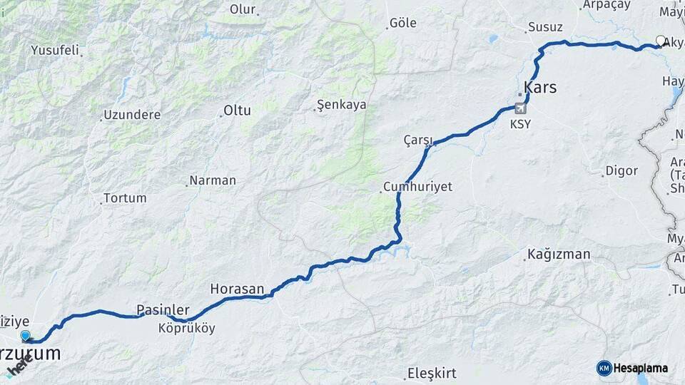 Erzurum Akyaka Kars Arası Kaç Km - Yol Haritası