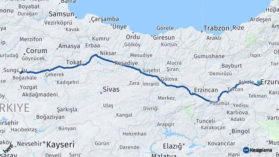 Erzurum Alaca Çorum Arası Kaç Km - Yol Haritası