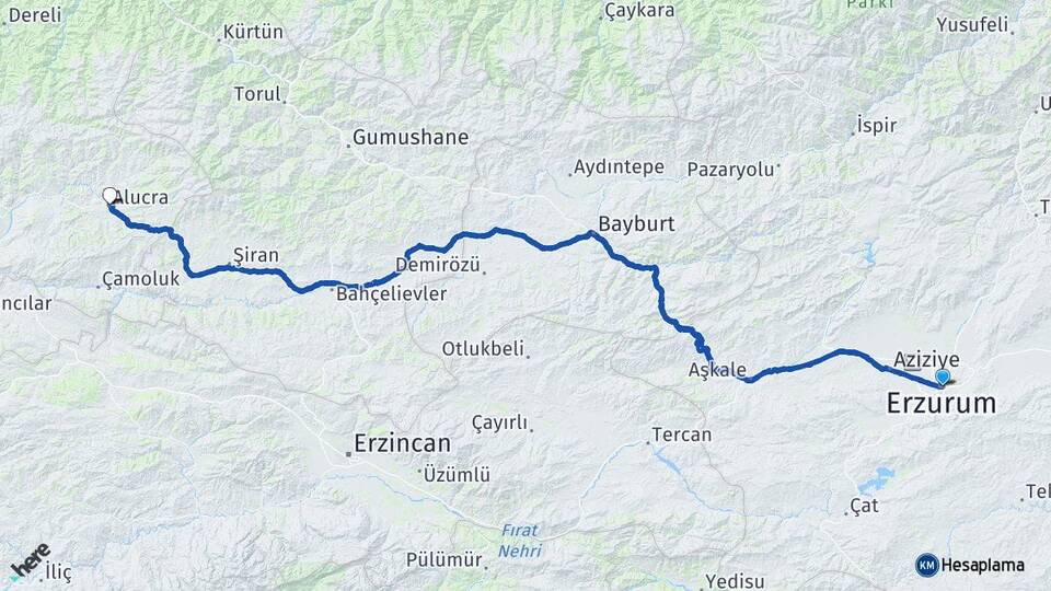 Erzurum Alucra Giresun Arası Kaç Km - Yol Haritası