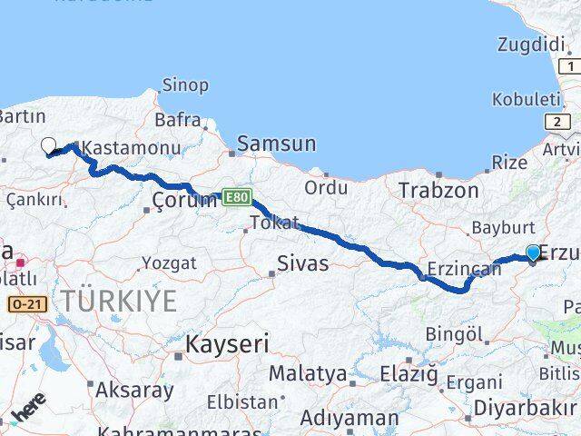Erzurum Araç Kastamonu Arası Kaç Km - Yol Haritası