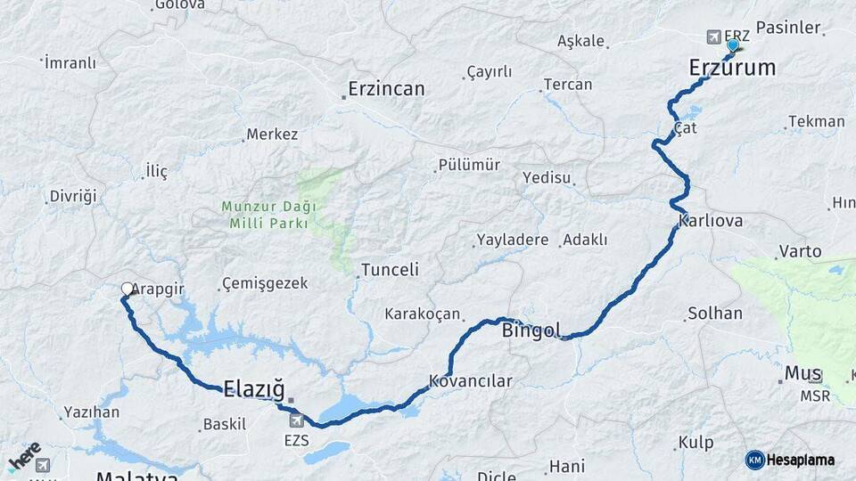 Erzurum Arapgir Malatya Arası Kaç Km - Yol Haritası
