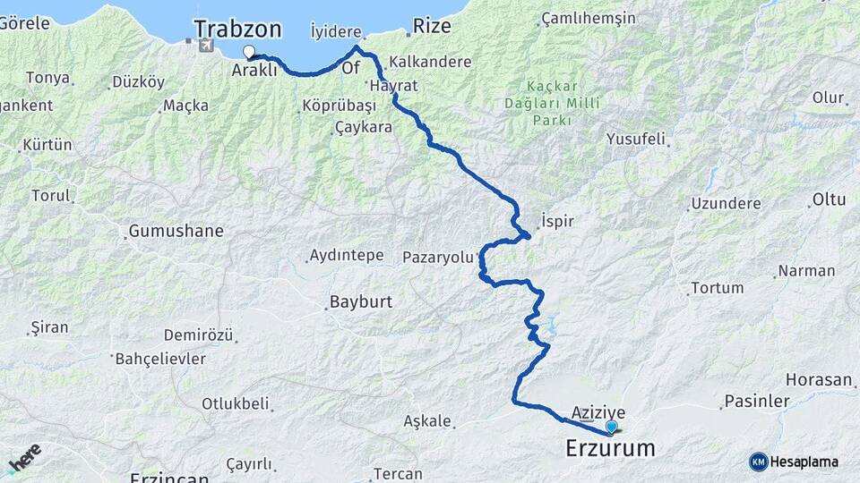 Erzurum Arsin Trabzon Arası Kaç Km - Yol Haritası
