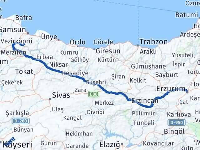 Erzurum Asarcık Samsun Arası Kaç Km - Yol Haritası