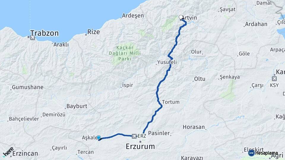 Erzurum Aşkale Artvin Arası Kaç Km - Yol Haritası