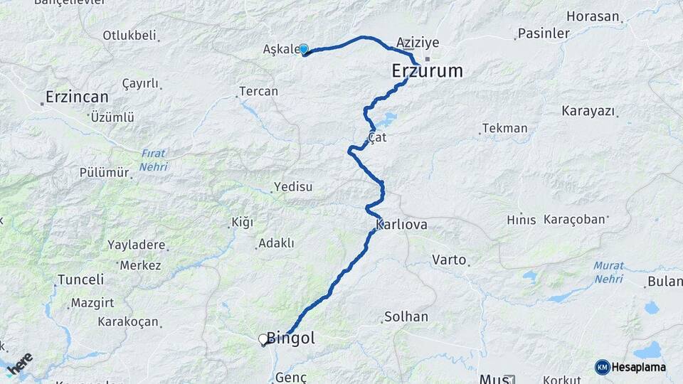 Erzurum Aşkale Bingöl Arası Kaç Km - Yol Haritası