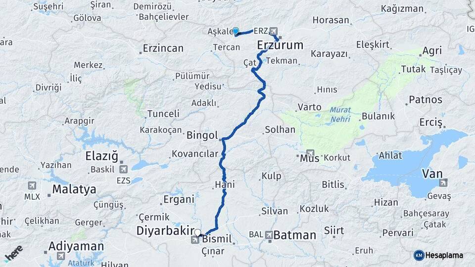 Erzurum Aşkale Diyarbakır Arası Kaç Km - Yol Haritası
