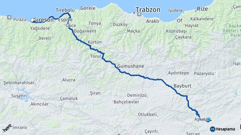 Erzurum Aşkale Giresun Arası Kaç Km - Yol Haritası