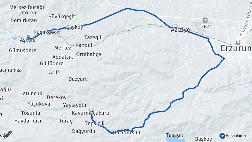 Erzurum Aşkale Kavurmaçukuru Aşkale Arası Kaç Km - Yol Haritası