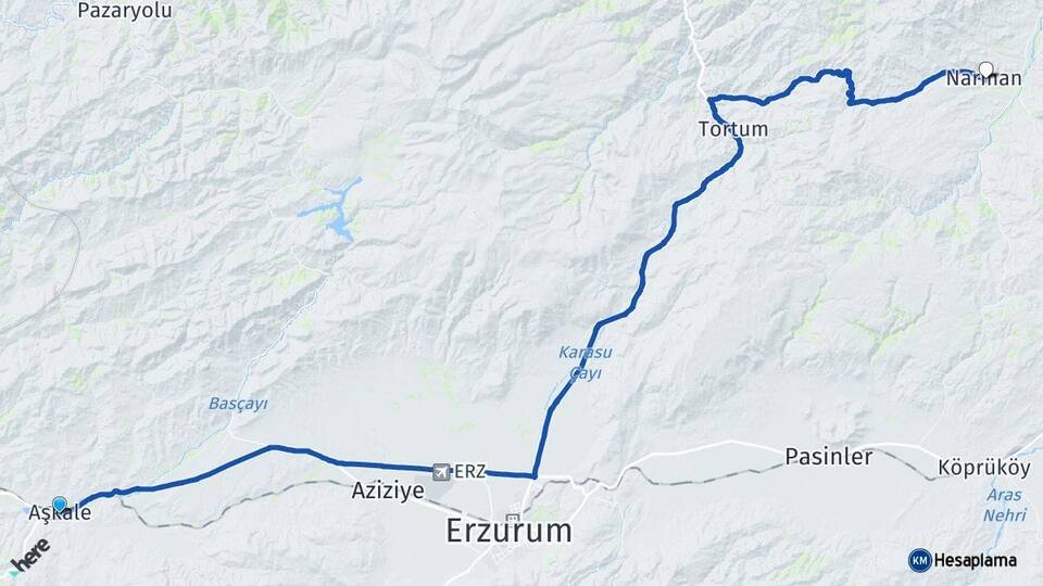 Erzurum Aşkale Narman Arası Kaç Km - Yol Haritası