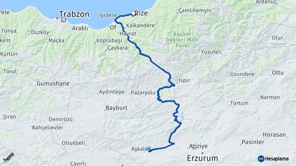 Erzurum Aşkale Rize Arası Kaç Km - Yol Haritası