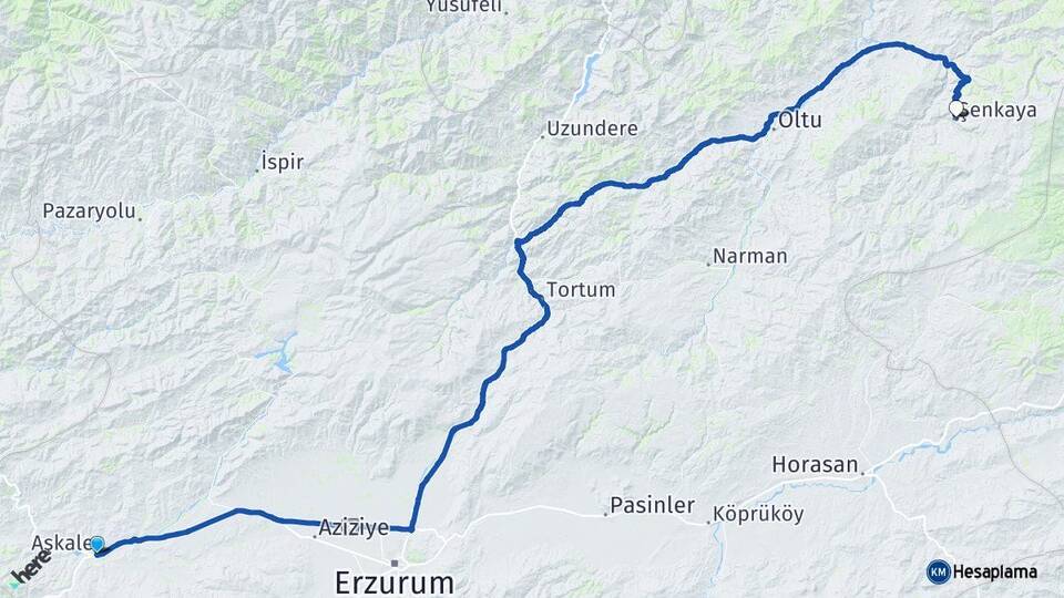 Erzurum Aşkale Şenkaya Arası Kaç Km - Yol Haritası