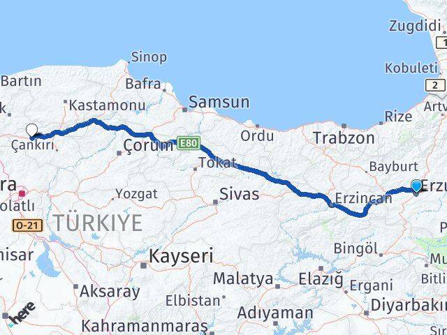 Erzurum Atkaracalar Çankırı Arası Kaç Km - Yol Haritası
