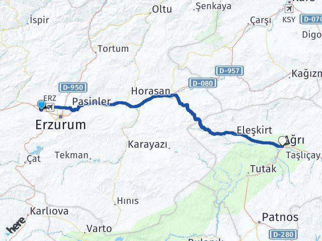 Erzurum Aziziye Ağrı Arası Kaç Km - Yol Haritası