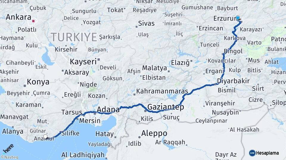 Erzurum Aziziye Aydıncık Mersin Arası Kaç Km - Yol Haritası