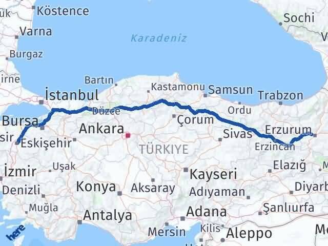 Erzurum Aziziye Balıkesir Arası Kaç Km - Yol Haritası