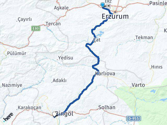 Erzurum Aziziye Bingöl Arası Kaç Km - Yol Haritası