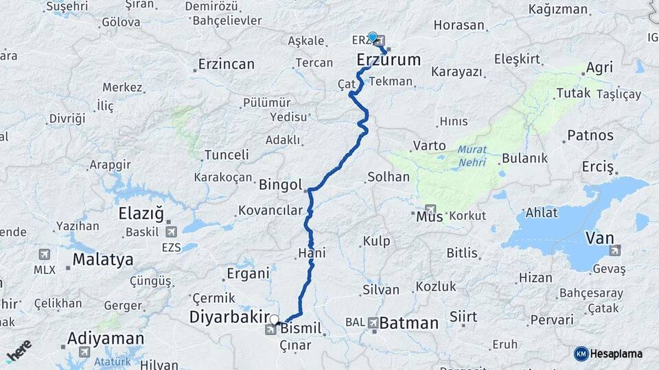 Erzurum Aziziye Diyarbakır Arası Kaç Km - Yol Haritası