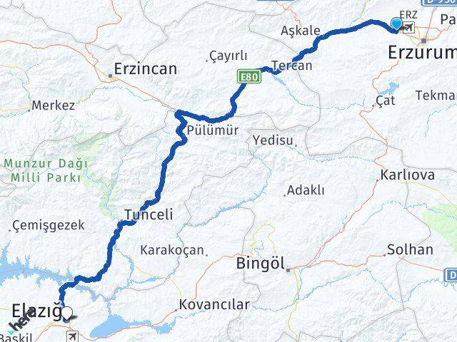 Erzurum Aziziye Elazığ Arası Kaç Km - Yol Haritası