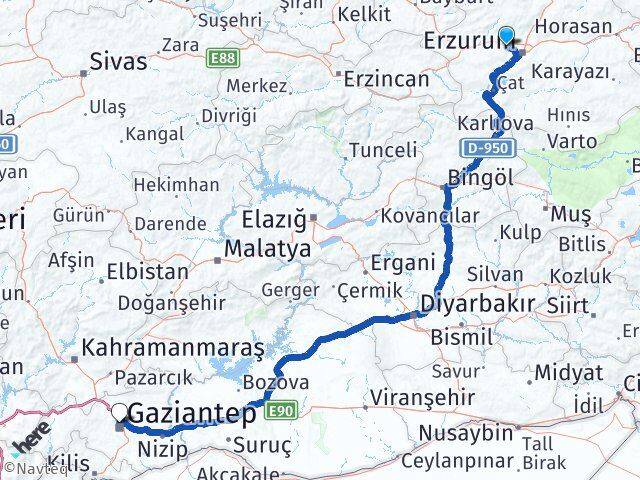 Erzurum Aziziye Gaziantep Arası Kaç Km - Yol Haritası