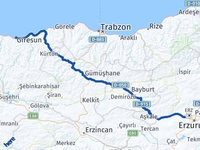 Erzurum Aziziye Giresun Arası Kaç Km - Yol Haritası