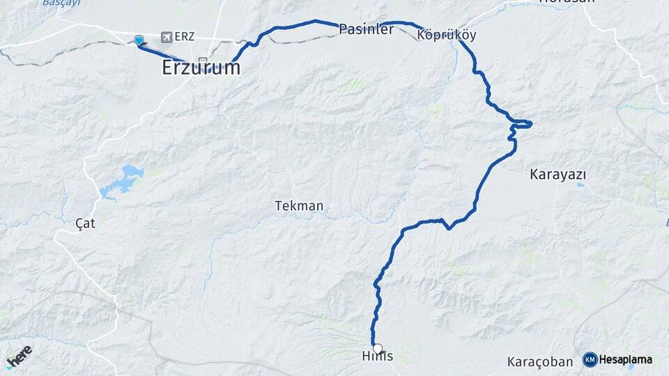Erzurum Aziziye Hınıs Arası Kaç Km - Yol Haritası