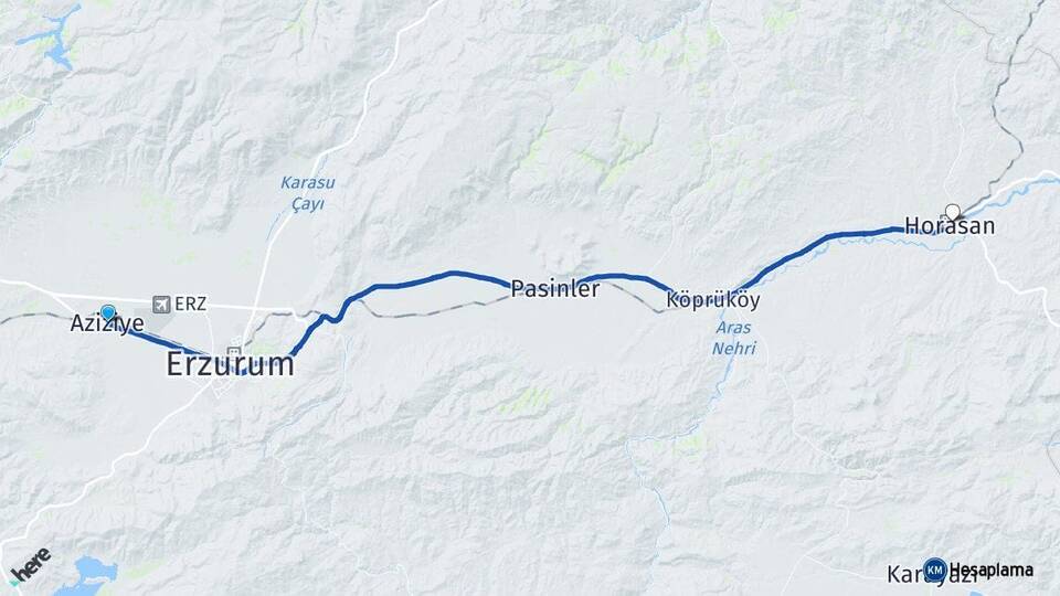 Erzurum Aziziye Horasan Arası Kaç Km - Yol Haritası